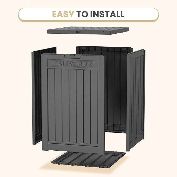 48 Gallon Outdoor Storage Box, Package Delivery Box for Outside with Lockable Secure, Resin Outside Storage Box Waterproof Deck Box for Patio & Pool, Black