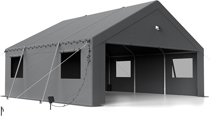 20x20 Carport Canopy, Heavy Duty Car Port, Portable Car Ports Garage with 2 Roll-Up Zipper Drive Through Doors, Grey