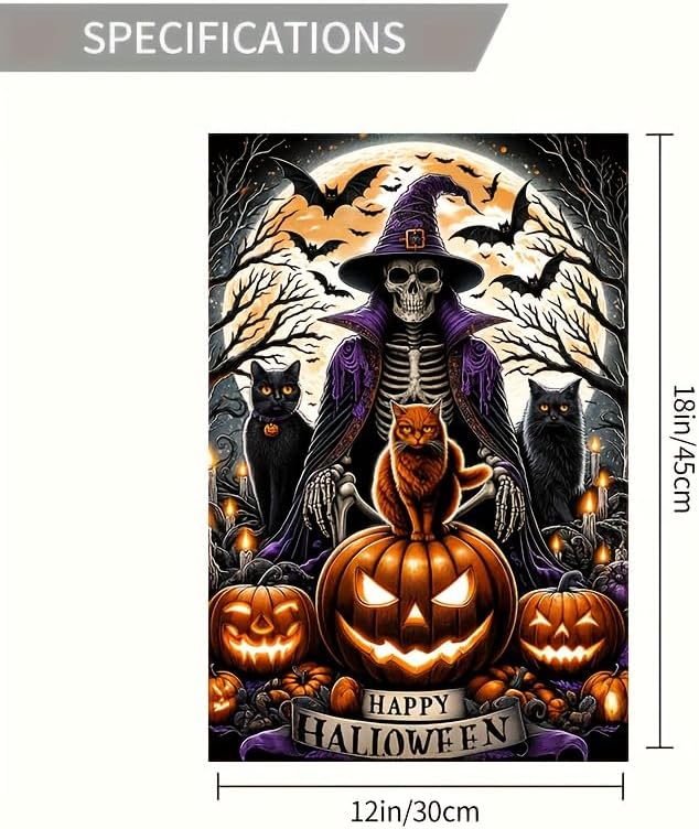 Halloween Garden Flag - Double Sided 12x18 with Ghost, Skull, Wizard, Skeleton Cats, Pumpkins, Bats - Spooky Outdoor Scary Yard Decor