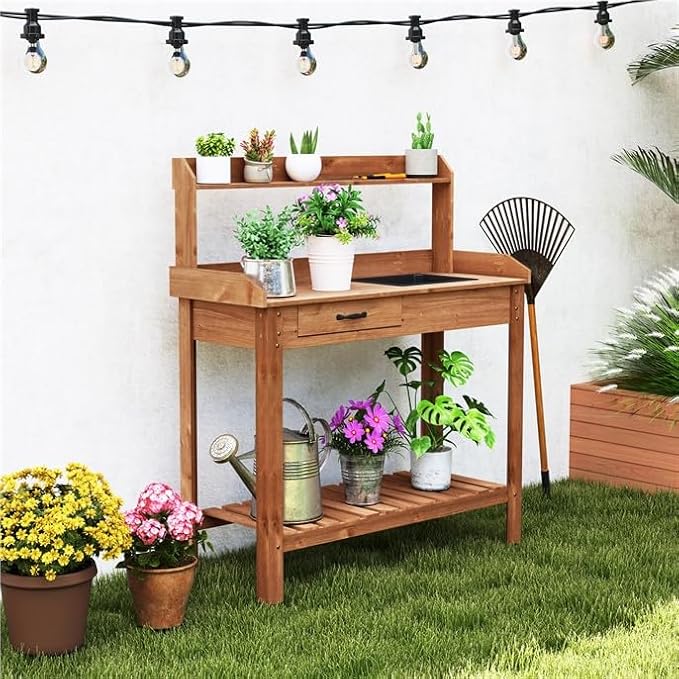 ARNOT Potting Bench,Outdoor Potting Bench Table with Sink and Storage Shelves, Wooden Garden Workstation for Gardening Tools, Planting, and Repotting – Natural Fir Wood (38" x 17" x 50")