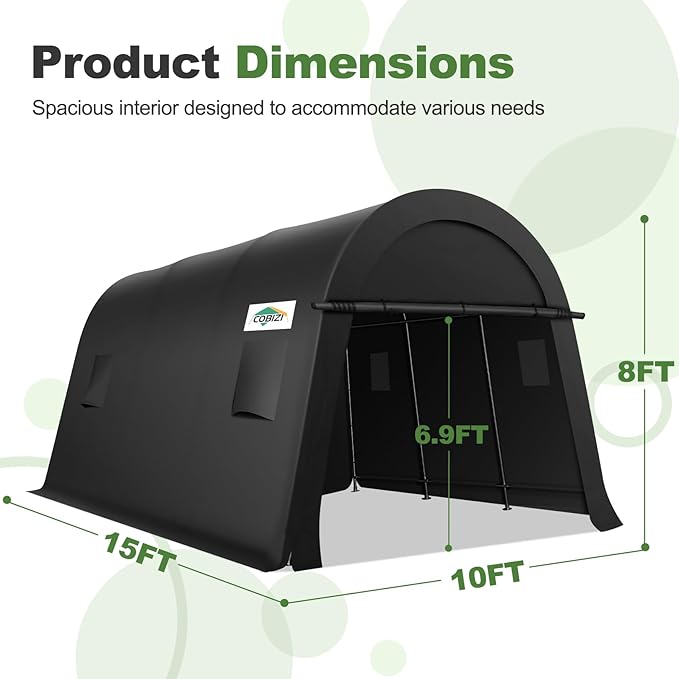 COBIZI 10x15 Carport Canopy Heavy Duty Portable Garage Tent with Double Zippered Roll-up Doors & Vents, Large Space Car Canopy Car Garage Anti-Snow Waterproof for Cars, Boats, Trucks