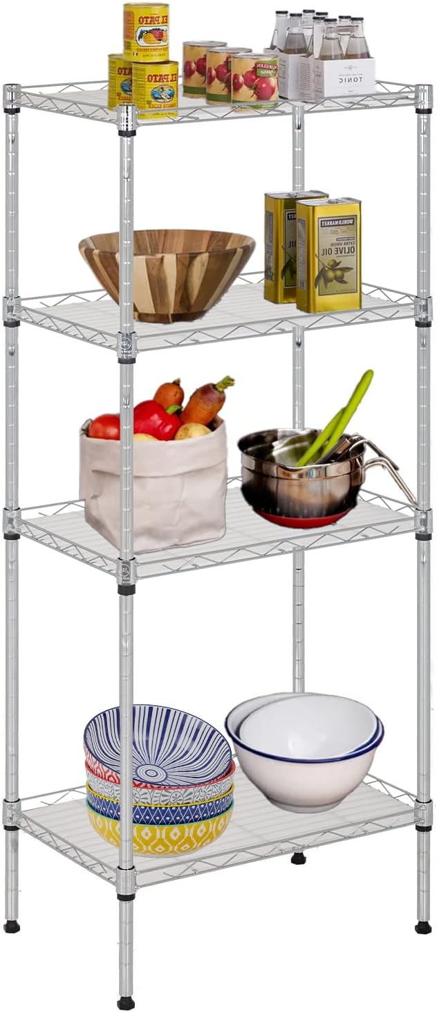 FDW 18L x 12W x 44H Wire Shelves with 4 PP Sheets Metal Shelf Storage Shelves 4 Tier Layer Storage Shelves for Laundry Bathroom Kitchen Garage,Chrome