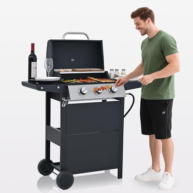 3-Burner Propane Gas BBQ Grill, Porcelain-Enameled Cast Iron Grates and 2 Foldable Side Tables, 25,650 BTU Stainless Steel Grill for Outdoor Camping Barbecue Grilling Backyard Cooking