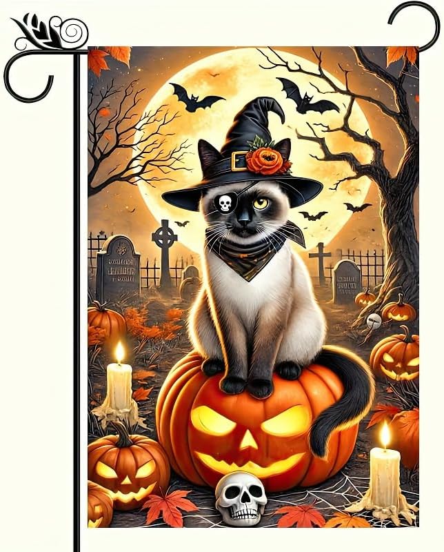 Happy Halloween Garden Flag Double Sided 12x18 Halloween Pirate Witch Cat Garden Flag Graveyard Full Moon Pumpkin Flag Holiday Outside Decorations Banner
