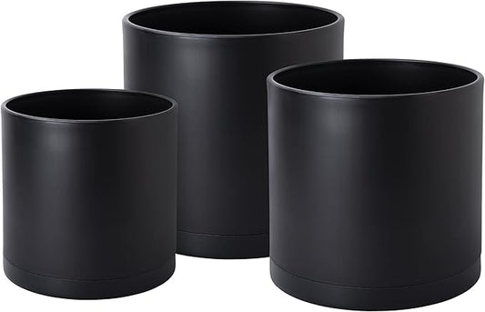 D'vine Dev 10 Inch 12 Inch 14 Inch, Set of 3 Plastic Planter Pots for Plants with Drainage Hole and Seamless Saucers, Black Color, XX-Large, 74-V-B-6