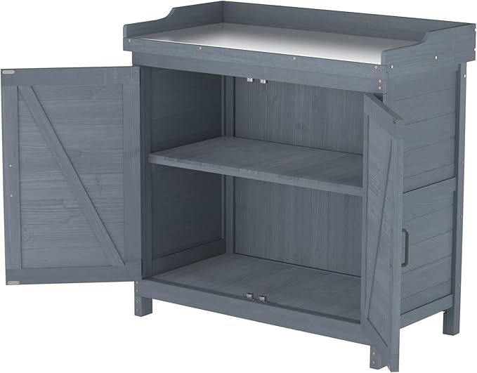 Outdoor Garden Patio Wooden Storage Cabinet Furniture Waterproof Tool Shed with Potting Benches Outdoor Work Station Table (Gray)