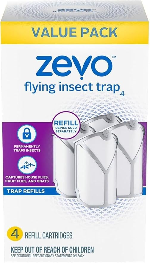 Zevo 4 Refill Cartridges – Compatible with Zevo Plug-in Flying Insect Trap – Indoor Bug Catcher for Flies & Gnats