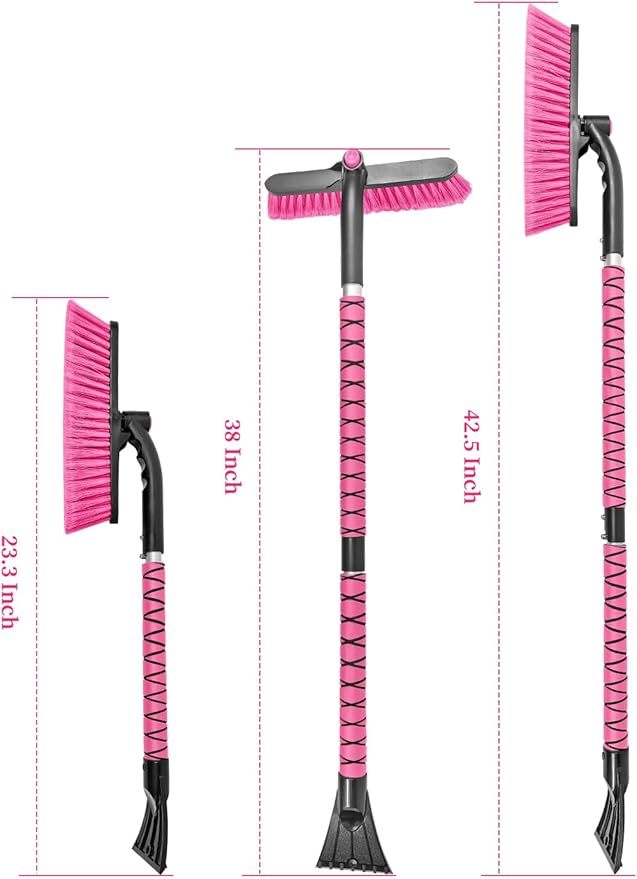 HEEYA 42.5 Inch Car Scraper Snow Brush, 12.6 Inch Large Brush Head with Ice Scraper for Window Windshield, Portable Snow Scraper for SUV Truck Vehicle Jeep RV Auto - Pink