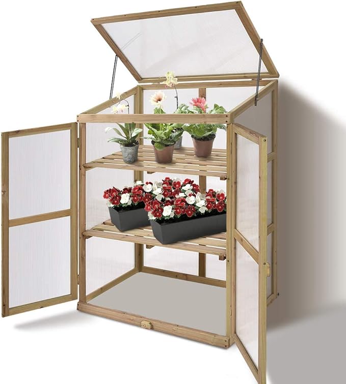 Happygrill Portable Wood Mini Greenhouse w/Transparent Openable Roof, Double Doors & 3 Tier Shelves, 30" L x 22.5" W x 43" H
