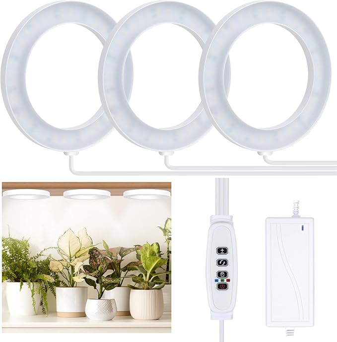 Full Spectrum Grow Light for Indoor Plants, 216 LEDs Halo Plant Light with Auto On/Off Timer (4/8/12H), 10-Level Brightness, 3 Lighting Modes, for Small Plants & Seedlings (White, Tri Head)