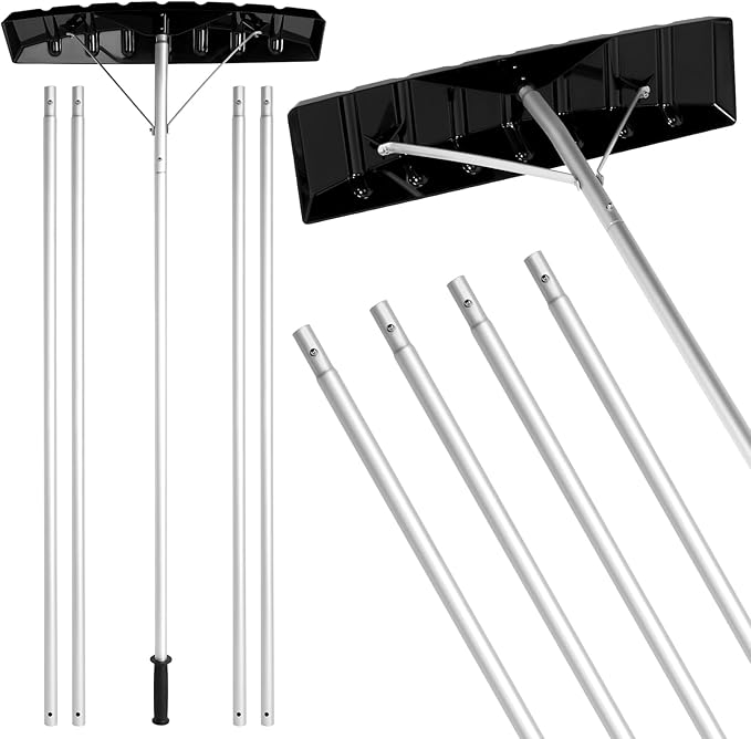 Gisafai Snow Roof Rake Snow Removal Tool with 5 Section Tubes 25 Inch Blade Adjustable 4.8-20 ft Reach Aluminum Shovel Rugged Slide for Single Cabins Car Roof(Black)