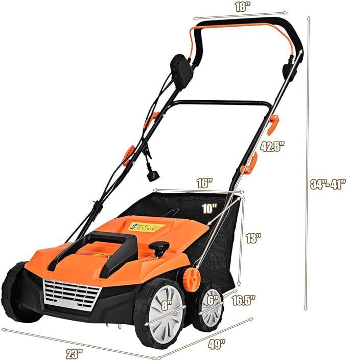 Goplus 2-in-1 Electric Corded Lawn Dethatcher with 5 Cutting Heights, 15-Inch 13 Amp Electric Scarifier w/ 13.5 Gallon Collection Bag, 2 Removable Blades for Garden Yard