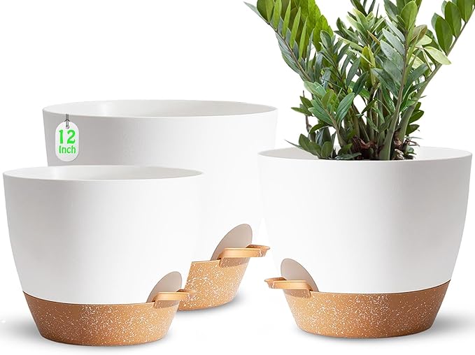 Plant Pots,12+10+9 Inch Self Watering Pots with Drainage Hole for Indoor Plants Large Flower Pot, Plants Pots Indoor Outdoor,Modern White Plastic Planters for Indoor Plants