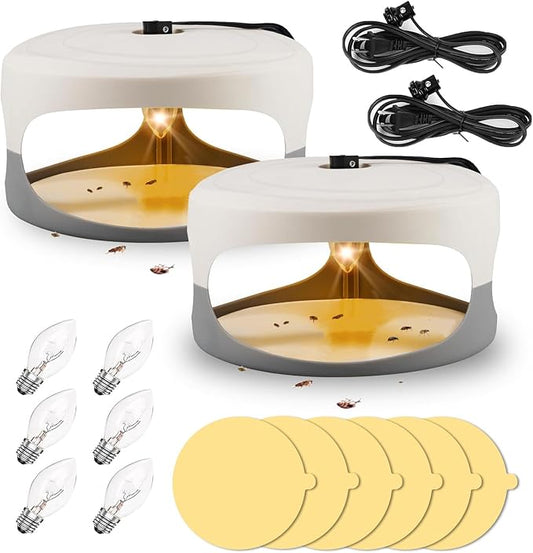 Flea Traps for Inside Your Home, 2 Packs Flea Trap for Home & Garage with 6 Sticky Disc 6 Bulbs 2 Electric Wires Bed Bug with Light for Indoor Safe to Pets