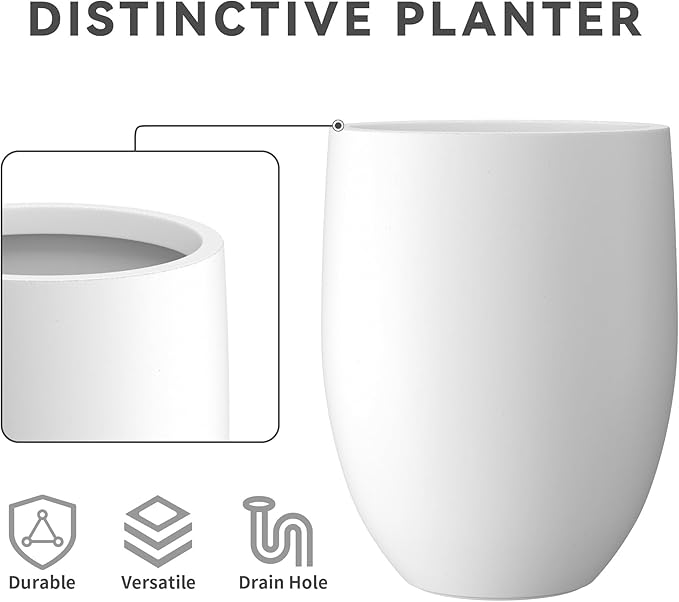 Kante 21.7" H Pure White Concrete Tall Planter, Large Outdoor Indoor Decorative Pot with Drainage Hole and Rubber Plug, Modern Round Style for Home and Patio