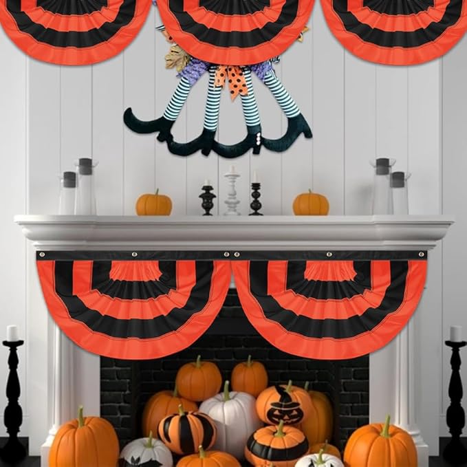 4Pack Halloween Bunting Flags 2x4ft Fully Sewn Orange & Black 5 Stripe Pleated Half Fan Flag Banner Trick or Treat Happy Halloween Party Decor Outside Porch Yard Garden Indoor Wall