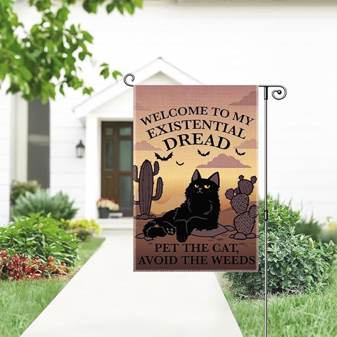 Welcome to My Existential Dread Pet The Cat Avoid The Weeds Garden Flag, Funny Bats Halloween Yard Sign for Outside, Cute Black Cat Fall Halloween Yard Decor, Housewarming Gifts for Pet Lover