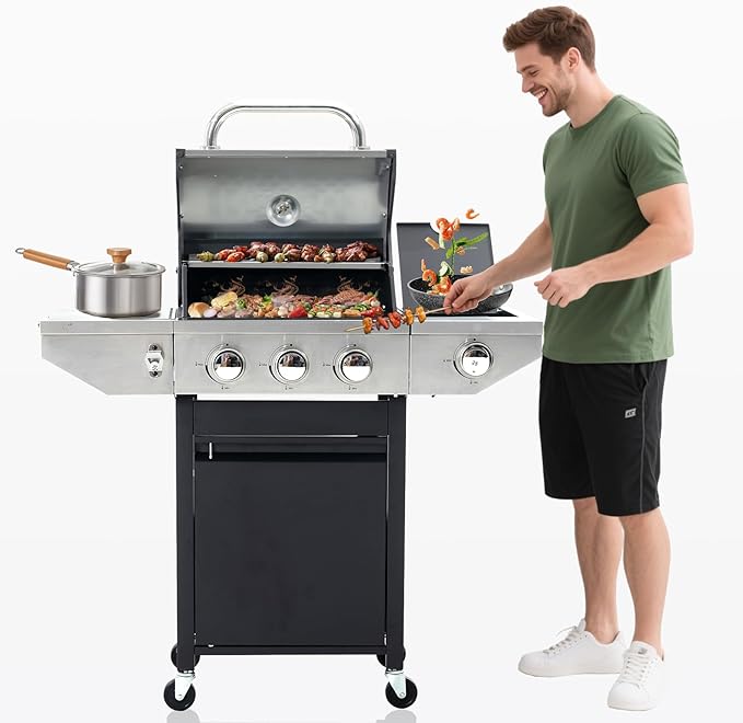 3-Burner Propane Gas BBQ Grill with Side Burner, Porcelain-Enameled Cast Iron Grates and Side Tables, 37,000 BTU Stainless Steel Grill for Outdoor Camping Barbecue Grilling Backyard Cooking