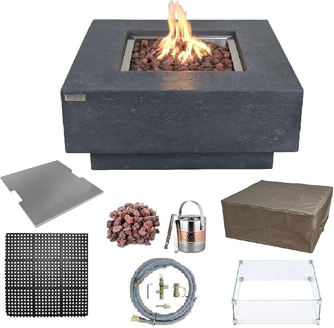 Elementi | Bundle Manhattan Gas Fire Pit Cast Concrete 36" Square Fire Table, Outdoor Fire Pit Electronic Ignition | Canvas Cover, Lava Rock Included | Dark Gray (Natural Gas)