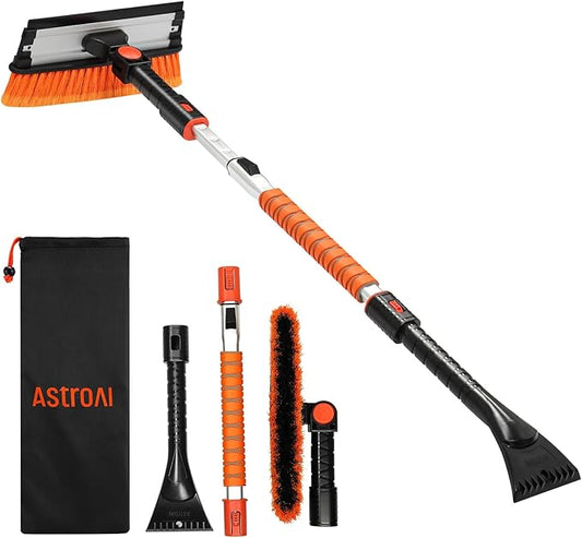 AstroAI 47.2" Ice Scrapers for Car Windshield, 3 in 1 Sturdy Snow Brush with Squeegee, 10 Adjustable Length Settings, Extendable Aluminum Handle, 180° Pivoting Snow Scraper for Car, Truck, SUV(Orange)