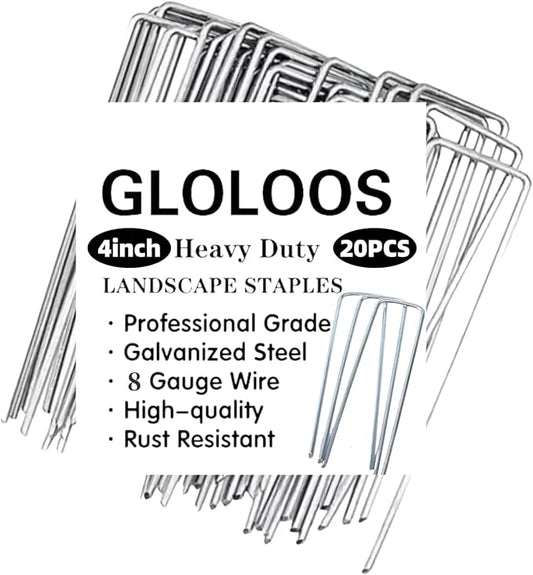 4 inch 20 Pack Silver Galvanized Landscape Staples 8 Gauge Garden Stakes Pins Anti-Rust Ground Stakes U-Shaped Tent Stakes are Used for Weed Barrier, Irrigation Tubing, Yard Lawn, Landscape Fabric