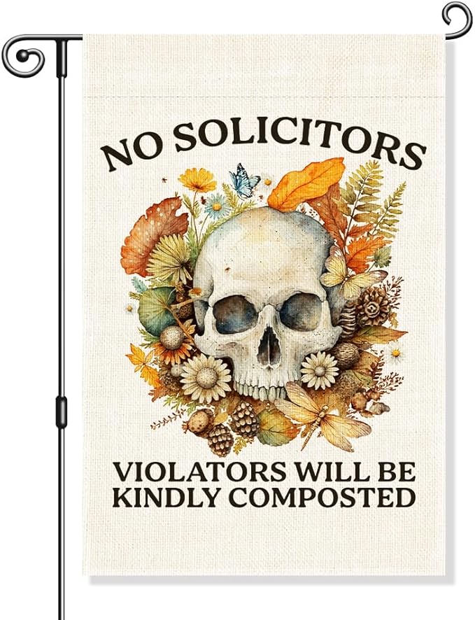 No Soliciting Garden Flag, Funny Halloween Floral Skeleton Yard Sign for Outside, House Porch Fall Outdoor Decor for Gardener, No Solicitors Sign, Go Away Sign, Gardening Gifts for Family Friend