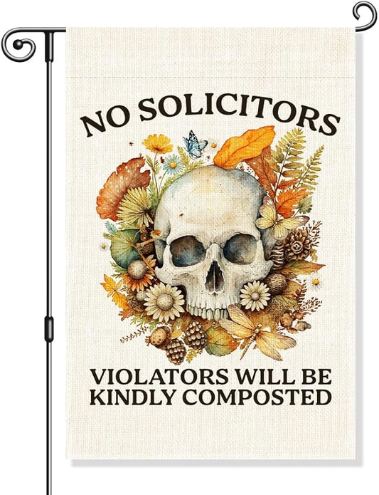 No Soliciting Garden Flag, Funny Halloween Floral Skeleton Yard Sign for Outside, House Porch Fall Outdoor Decor for Gardener, No Solicitors Sign, Go Away Sign, Gardening Gifts for Family Friend