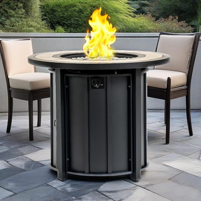30'' Ceramic Round Propane Fire Pit Table, 50,000 BTU Steel Gas FirePit for Outdoor, Fire Table with Lid, Add Warmth & Ambience to Gatherings and Parties On Patio Deck Garden Backyard, Black.