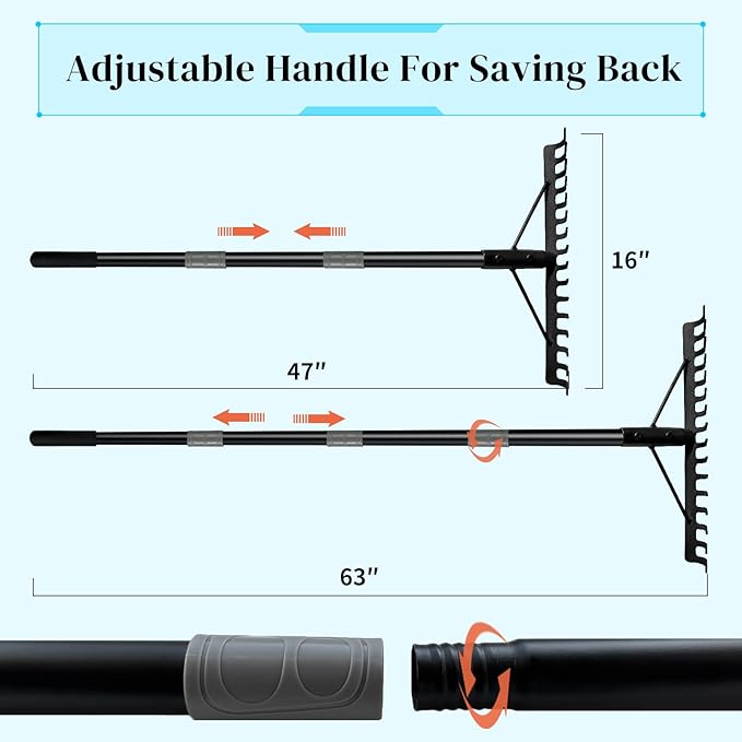 Heavy Duty Bow Rake with Stainless Steel Handle for Farming Land Management Leaf Gathering Durable Ergonomic Garden Tool with 16 Tine Head 63 Inch Assemble Long Shaft Suitable for Large Areas