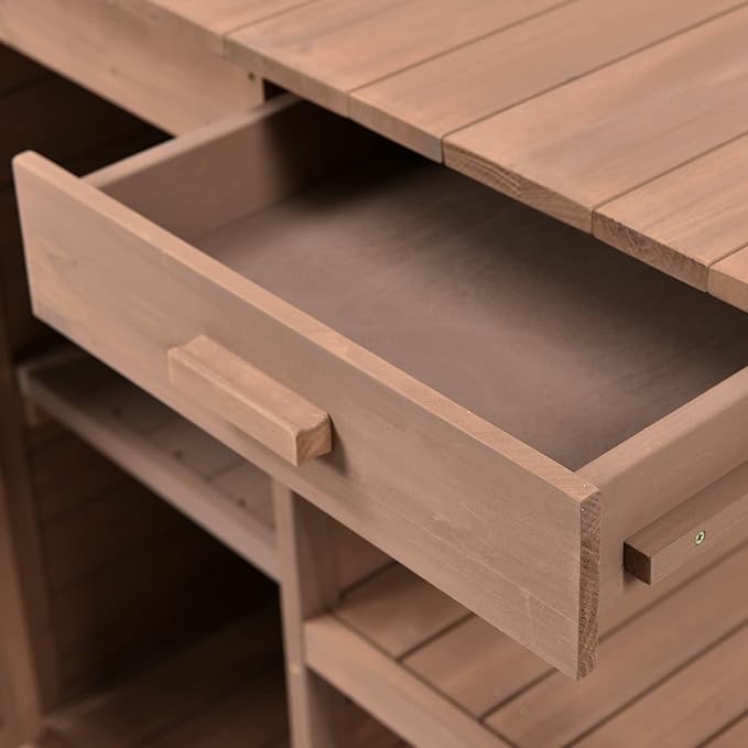 66" Outdoor Potting Bench Workstation - Farmhouse Style Wooden Garden Table with Drawers, Cabinet & Open Shelves (Brown + Solid Wood + originalwood)