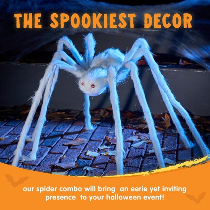 JOYIN Halloween Outdoor Decorations Giant Spider, Scary Large Spider Props for Yard Lawn Halloween Outside Decor and Indoor Party Decor, White (Standing Height is 15 inches)