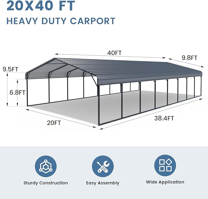 EROMMY 20x40 FT Metal Carport, Heavy Duty Carports with Galvanized Steel Roof and Frame, Sturdy Car-Shelter in All Weathers, Easy Assembly Car-Canopy for 2 Cars, SUV, Tractors and Boat, Gray