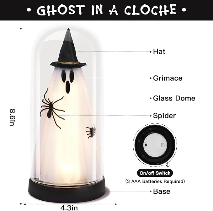 Halloween Decor-Halloween Decorations Indoor-Light Up Ghost in Glass Cloche-Cute Ghost with Light for Home Kitchen Mantel Tabletop Party Decor