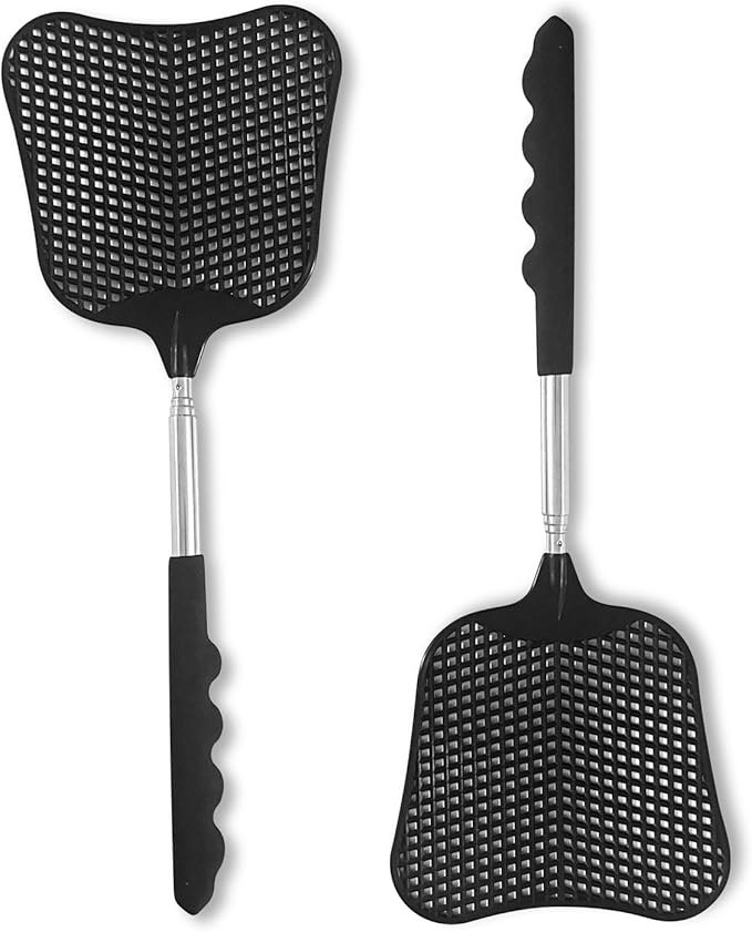 Fly Swatters 2 Pack, Durable Telescopic Stainless Steel Handle, Heavy Duty Black Bug Zapper Racket, Upgraded Plastic Fly Swatter Set for Indoor Outdoor Home Hiking Camping Garden