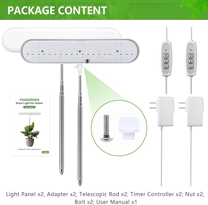 FOXGARDEN Grow Light, Full Spectrum LED Grow Lamp, Plant Lights for Indoor，Auto Timer 4/8/12H, 4 Dimmable, Height Adjustable 8.5"-24", Growing Lights 2 Pack