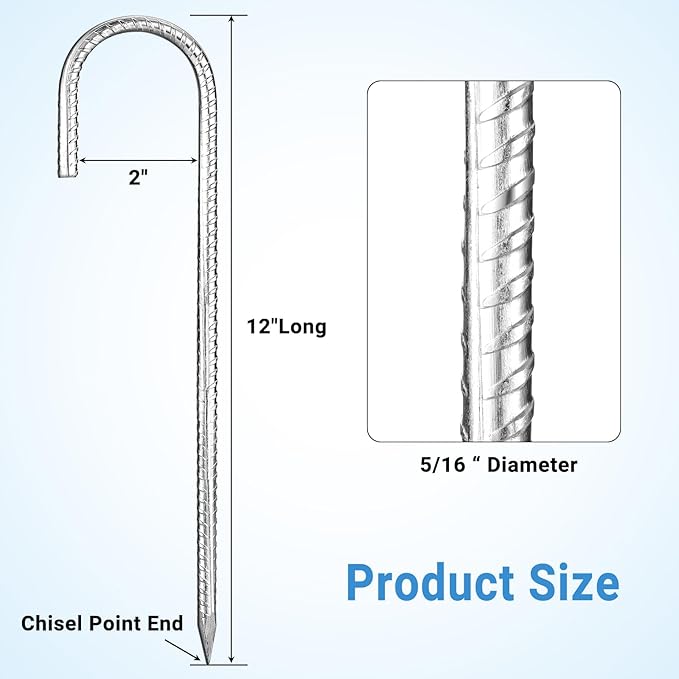12 inch Garden Ground Stakes Galvanized Steel J Shape Hook Rebar Stakes, 12 Pack Heavy Duty Ground Anchors, Yard Stakes for Garden Rebar Stakes for Camping Tent, Anti-Rust Ground Stakes