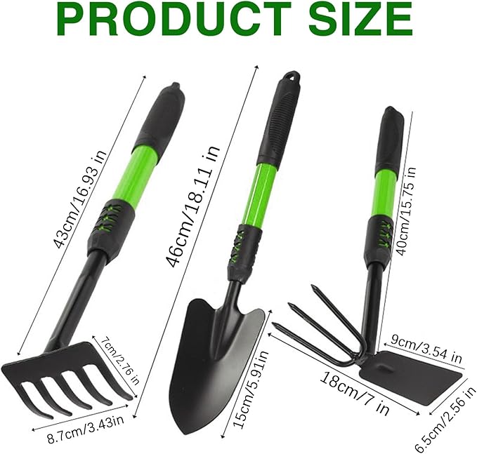 Garden Tools Set, 3 Pack Heavy Duty Gardening Tools Set Include Garden Shovel, Transplant Trowel and Hand Rake with Ergonomic Handle, Aluminum Alloy Lawn for Planting, Green