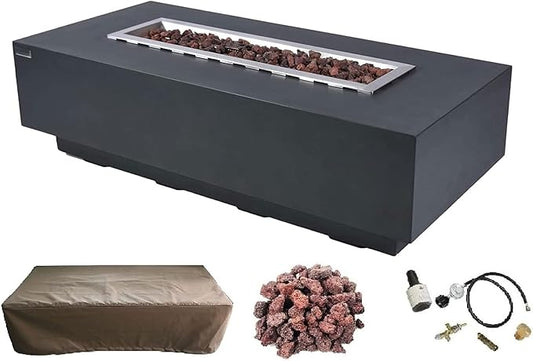Elementi | Granville Gas Fire Pit Cast Concrete 60" Rectangular Fire Table, Outdoor Fire Pit Electronic Ignition | Canvas Cover, Lava Rock Included | Dark Gray (Propane Gas)