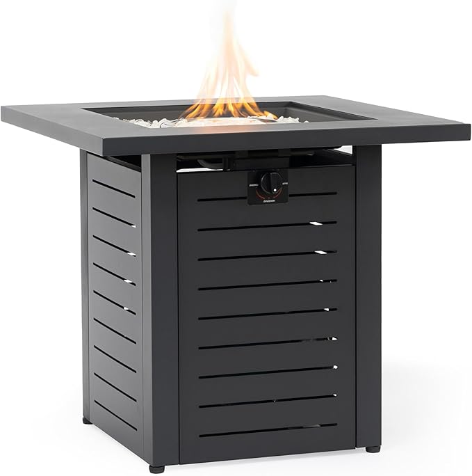 28'' Propane Fire Pit Table, 50,000 BTU Fire Table with Steel Lid, Big Legs, Laval Rocks. 1172