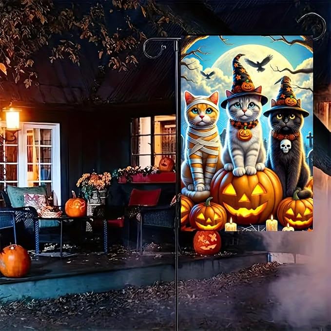 Halloween Garden Flag 12x18 Inch Double Sided Happy Halloween Cat Pumpkin Garden Flags Outdoor Seasonal Holiday Banner Outside Decorations Yard Flag