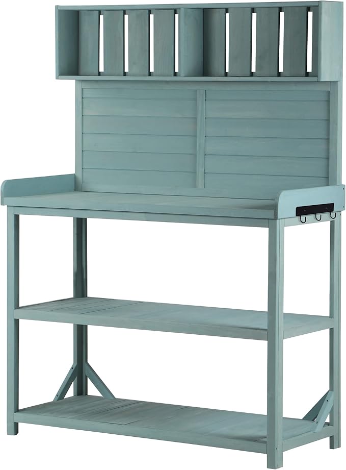 Outdoor Wooden Potting Bench Table – Farmhouse Garden Workstation with Drawers, Cabinet & Storage Shelves, Large Fir Wood Work Table for Patio, Backyard, Mudroom, Greenhouse (Green, 65'' H)