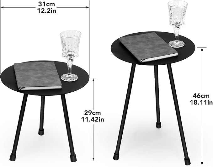 Metal Outdoor Side Table, Adjustable Height Round Side Table Weather-Resistant, Black Bistro Camping Tent Beach Table, End Table for Small Spaces, Balcony, Patio, Camping, Garden, Indoor, 12.2"