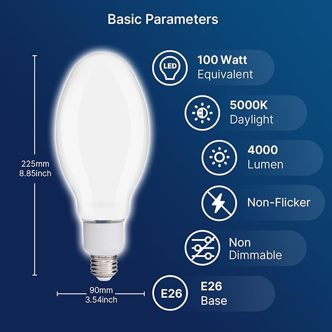 FLSNT ED28 LED Bulb 26W 4000LM, 100W HID Equivalent, 5000K Daylight, E26 Medium Base, Non-Dimmable, Ballast Bypass Type B, 120-277V Direct Wire, Milky Cover, ETL Listed