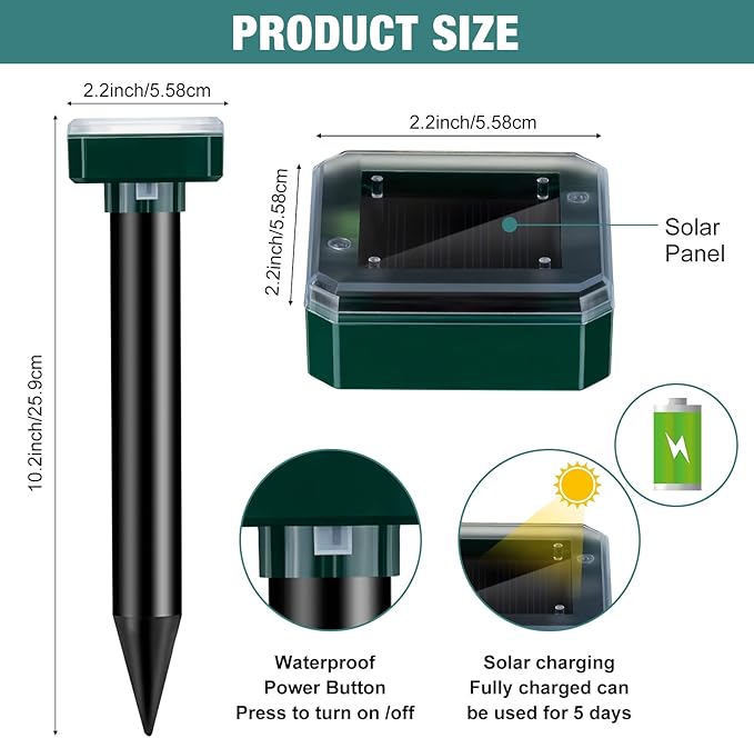 28 Pieces Solar Mole Repellent Ultrasonic Outdoor Gopher Deterrent Spikes for Garden Yard Lawn Waterproof Solar Powered Repeller for Groundhogs, Voles, Snakes and Other Burrowing Animals (Square)
