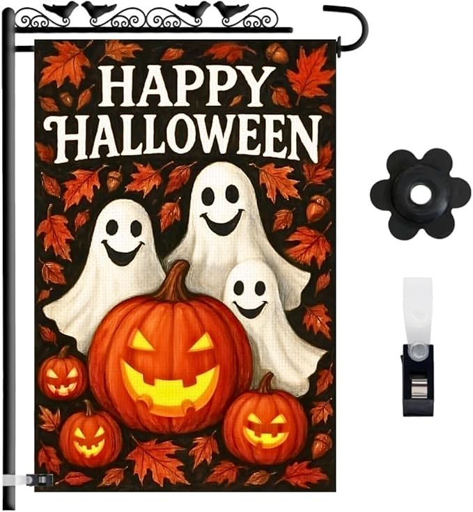 Halloween Garden Flag 12x18 Double Sided Burlap – Fall Outdoor Yard Flag with Pumpkins and Ghosts, Durable Seasonal Decoration