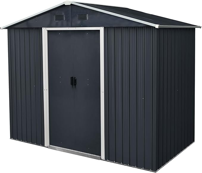 Outdoor Storage Shed, 8x4ft Metal Storage Shed with Vents and Metal Foundation, Lockable Sliding Door, All Weather Tilted Roof Tool Shed for Backyard, Patio, Lawn, Black