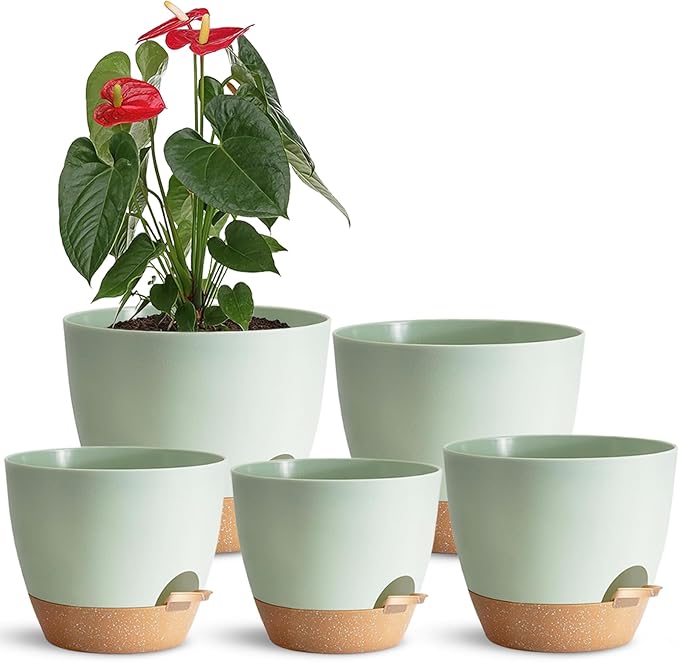 Indoor Plant Pots With Drainage Holes and Saucers Planting Pots for All HousePlants Green Plastic Flower Pots with Drainage Hole Self Watering Plant Pot Gift Idea For Home Decor Succulent Pots