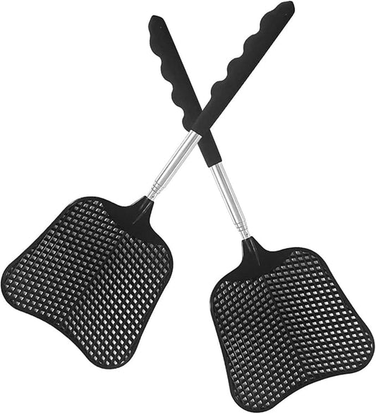 Wapodeai 2 Pack Fly Swatters Heavy Duty Set, Telescopic Fly Swatter, Stainless Steel Handle for Flyswatter (Black)