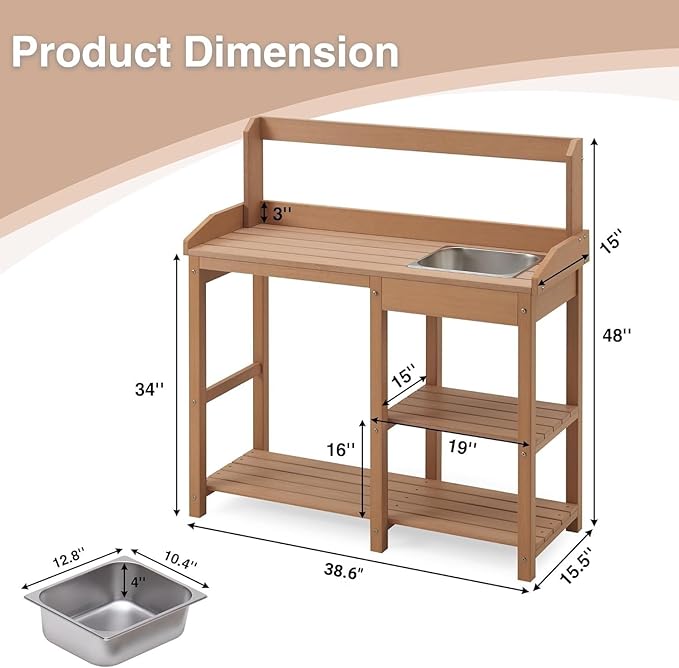 Psilvam Outdoor Potting Bench with Sink for All-Weather Gardens, HDPE Potting Benches for Outside, Planting Table for Garden, Patio and Lawn (Teak Color)