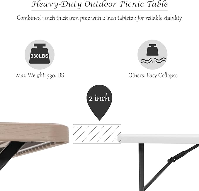 Giantex Picnic Table Bench Set Outdoor Camping All Weather Metal Base Wood-Like Texture Backyard Poolside Dining Party Garden Patio Lawn Deck Furniture Large Camping Picnic Tables for Adult